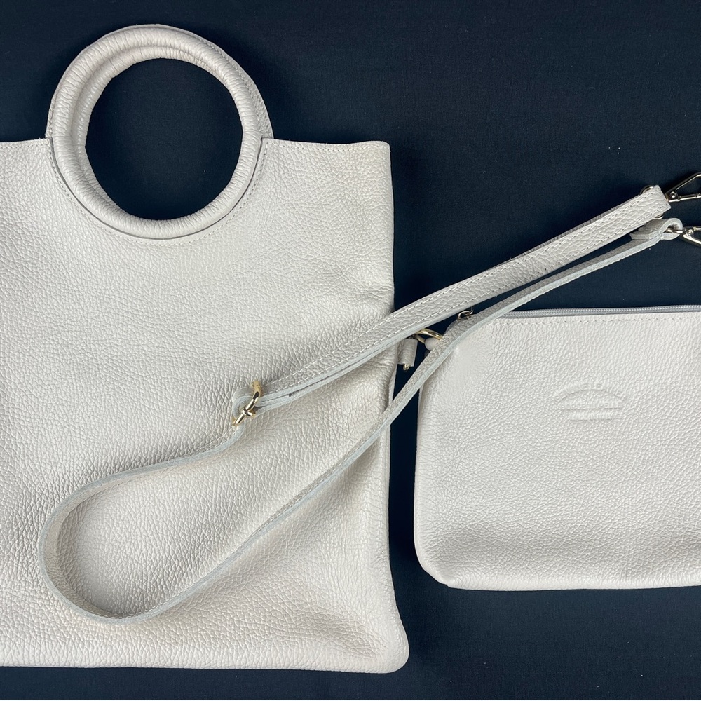 Italian Leather Ring Handle Tote & Crossbody Pouch Set (2-in-1)